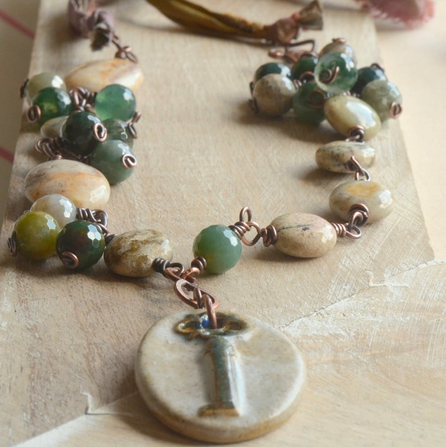 Copper Key Gemstone, Ceramic Key Pendant and Sari Silk Copper Necklace