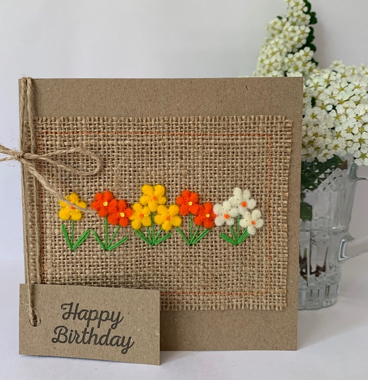 Handmade Birthday card. Delicate orange and yellow flowers from wool felt.