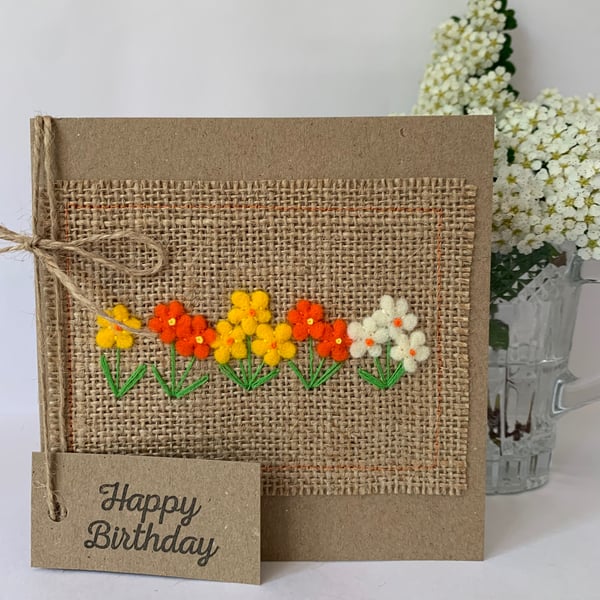 Handmade Birthday card. Delicate orange and yellow flowers from wool felt.