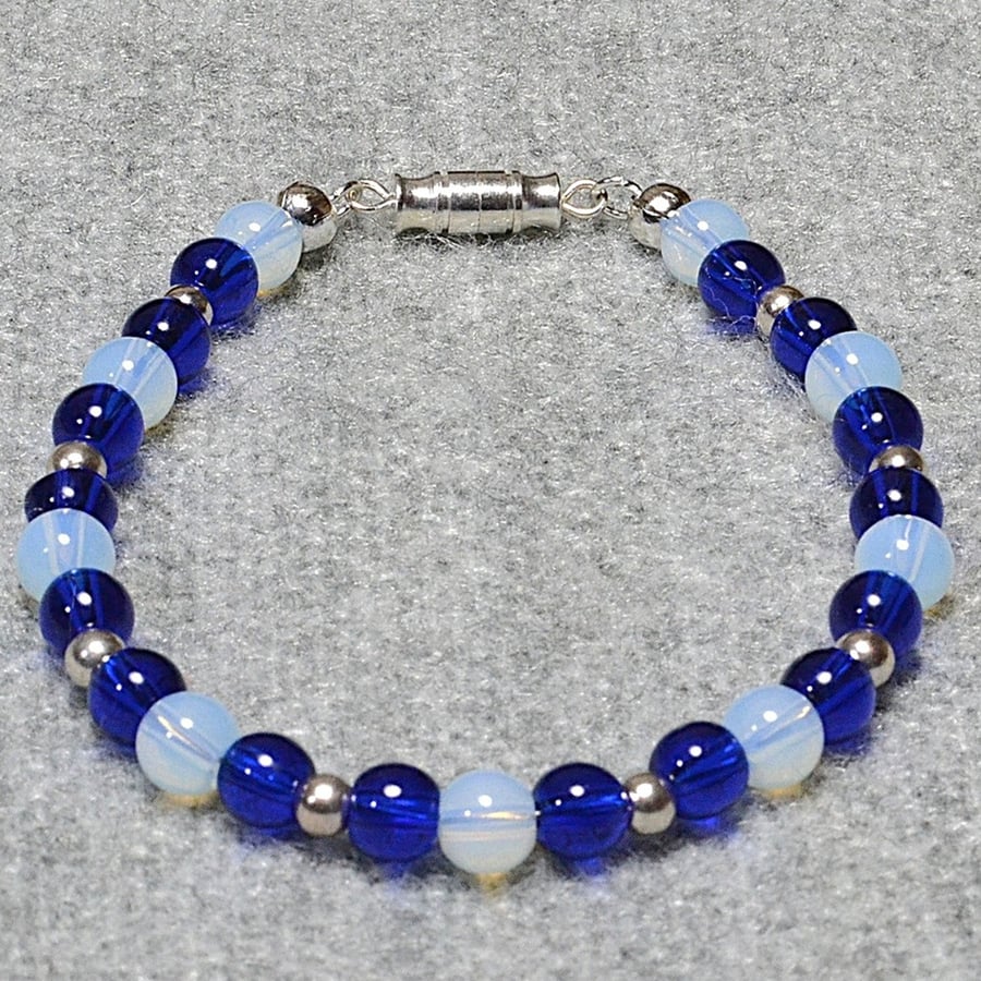 Opalite, Blue Glass, and Silver Spacer Bracelet