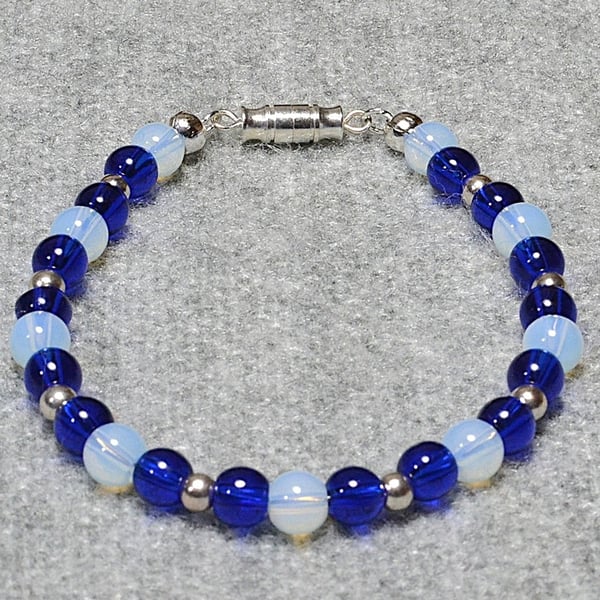 Opalite, Blue Glass, and Silver Spacer Bracelet