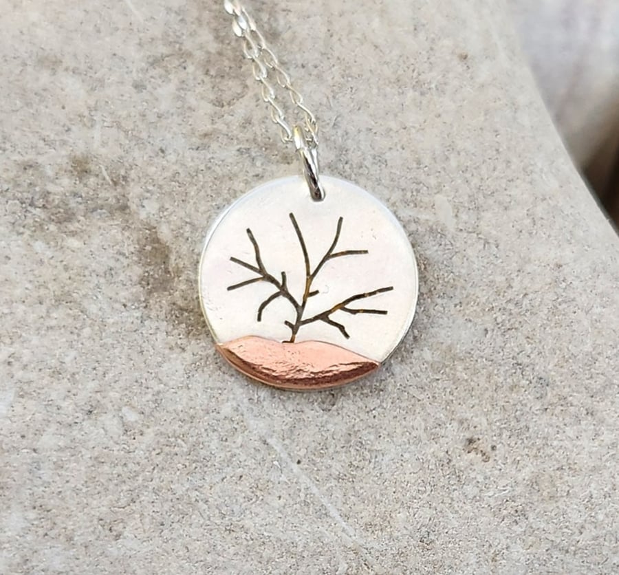 Tree landscape pendant in sterling silver and copper