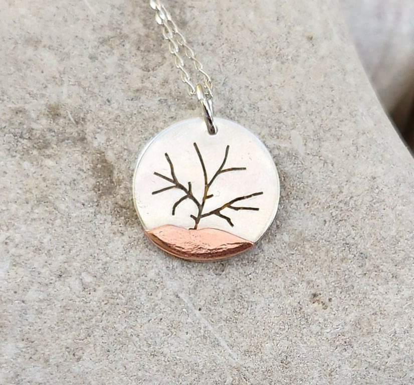 Tree landscape pendant in sterling silver and copper