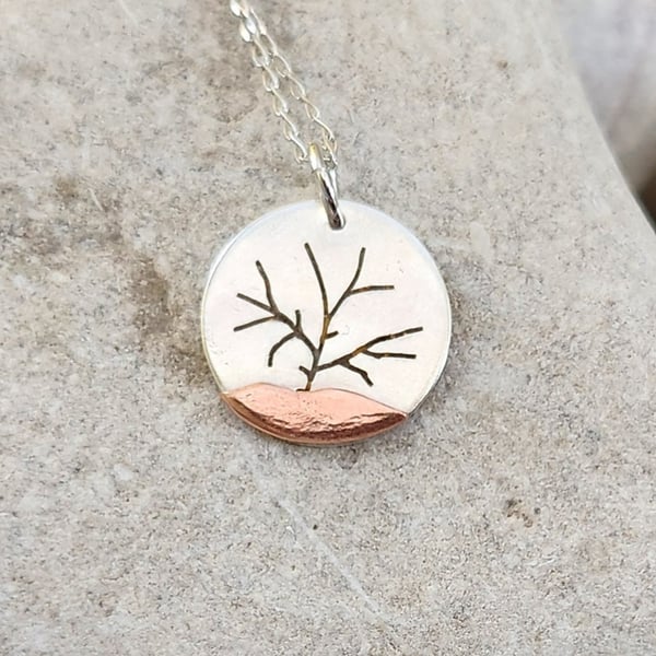Tree landscape pendant in sterling silver and copper