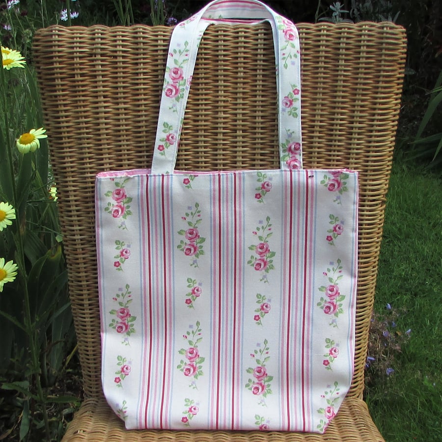 SALE. Tote bag  with pink Roses and stripes