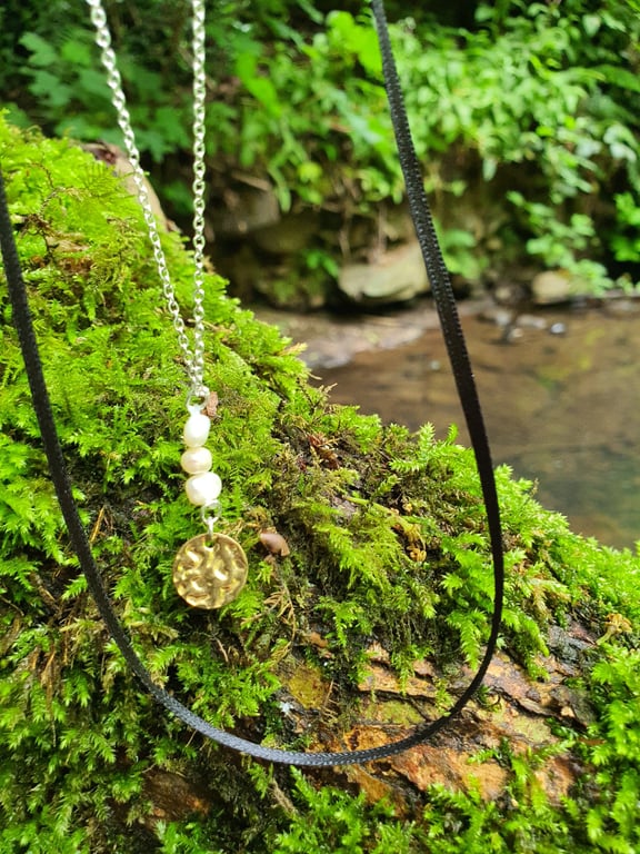 Fresh water pearl charm and ribbon sterling silver necklace