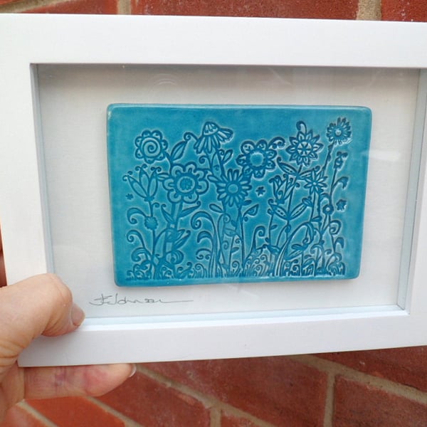 Turquoise ceramic plaque picture - White frame
