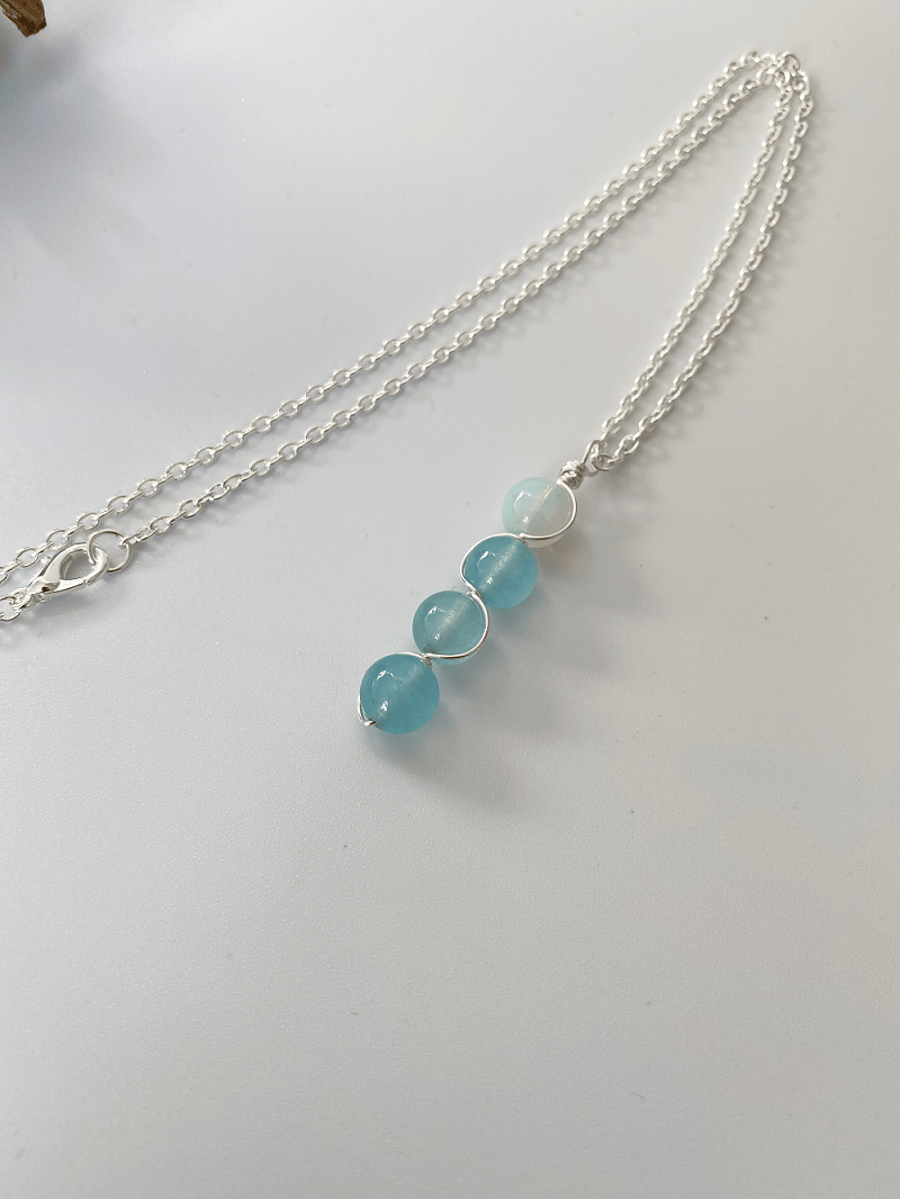 Wire Wrapped Moonstone and Aquamarine Gemstone Crystal Pendant Necklace 