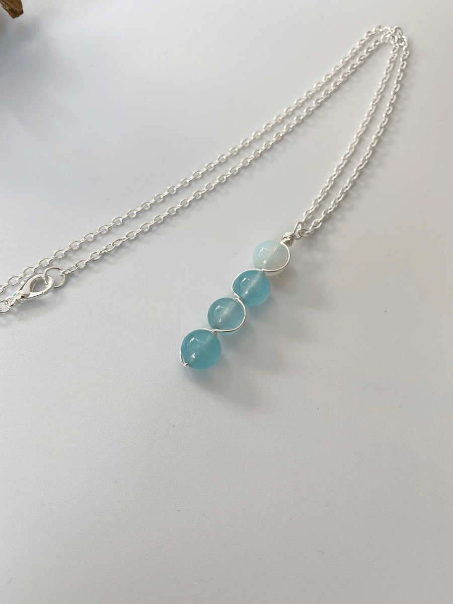 Wire Wrapped Moonstone and Aquamarine Gemstone Crystal Pendant Necklace 