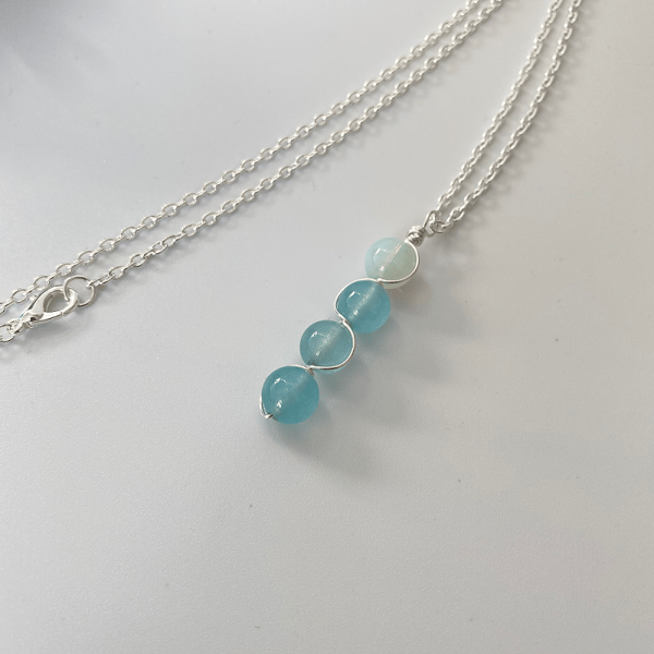 Wire Wrapped Moonstone and Aquamarine Gemstone Crystal Pendant Necklace 