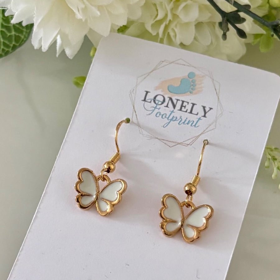 White Butterfly Earrings, Enamel Earrings, Handmade Jewellery 