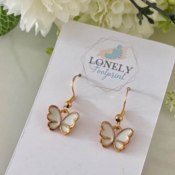 White Butterfly Earrings, Enamel Earrings, Handmade Jewellery 