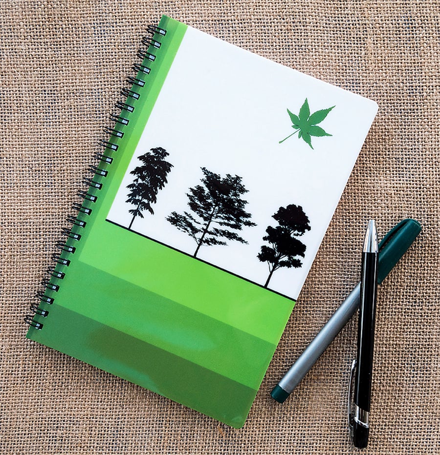 Woodland Trees Green Notebook A5 Spiral Bound Lined Wipe-Clean Acrylic Cover 