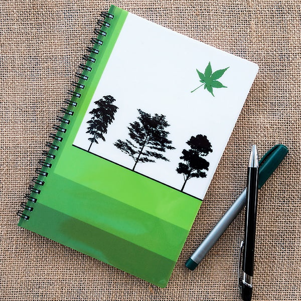 Woodland Trees Green Notebook A5 Spiral Bound Lined Wipe-Clean Acrylic Cover 