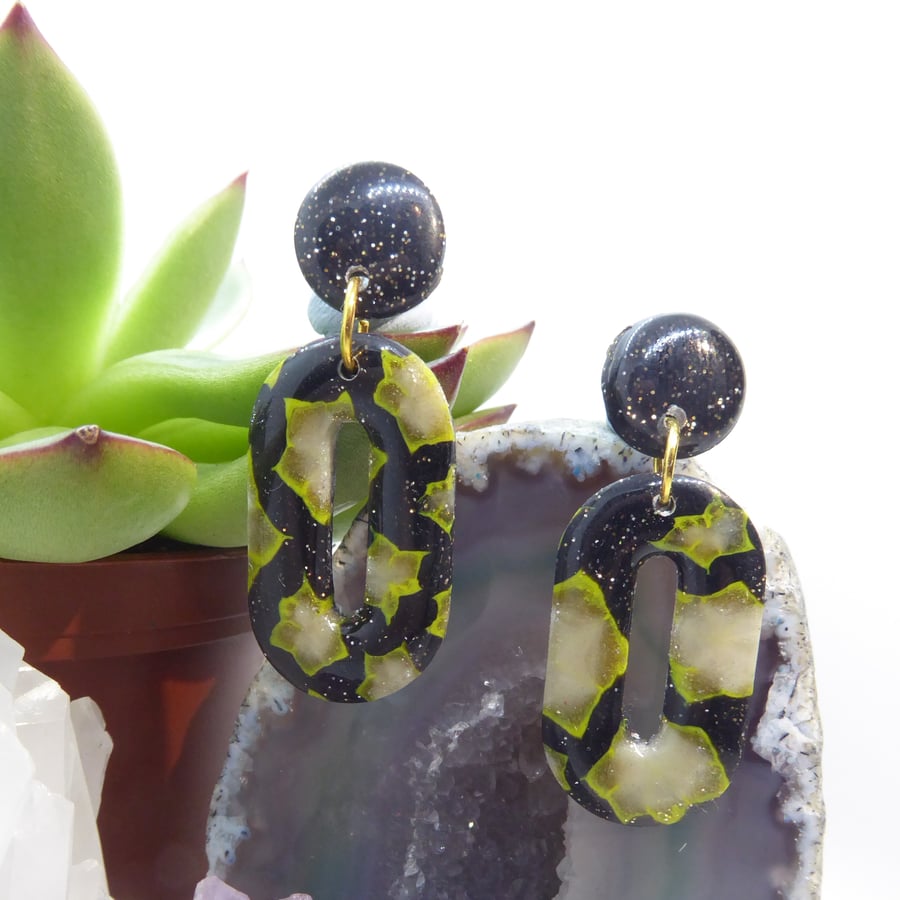 Starry Night Earrings in Black, Yellow, Pearl and Glitter, Statement earrings