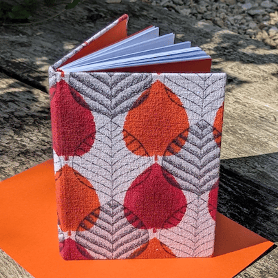 Handmade A5 Journal with 1950's Orange Autumn Leaf Vintage Barkcloth Fabric