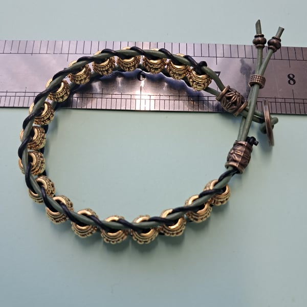 Leather Forrest Green and Antique gold Spacers bracelet 