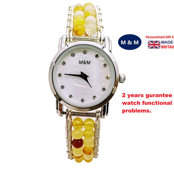 Yellow Jade Semi Precious Stone Bracelet Watch Beaded Wrist Watch Personalized G