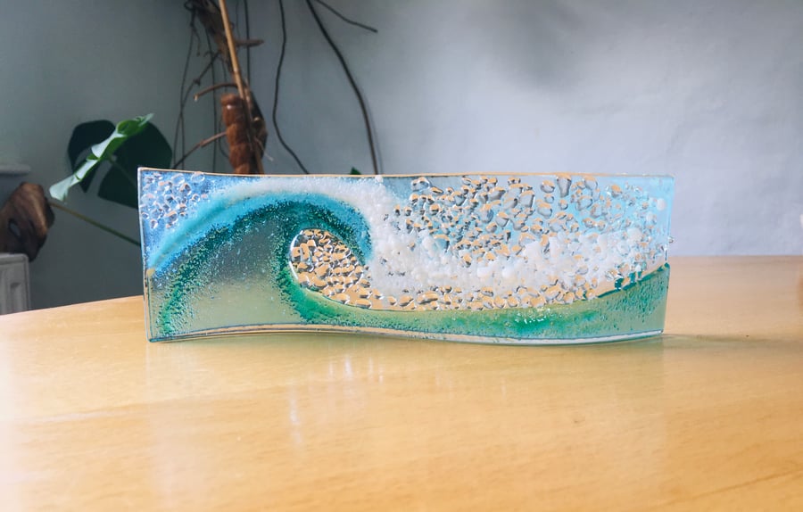 Crashing Wave Fused Glass (Stand Alone Curved Sculpture)