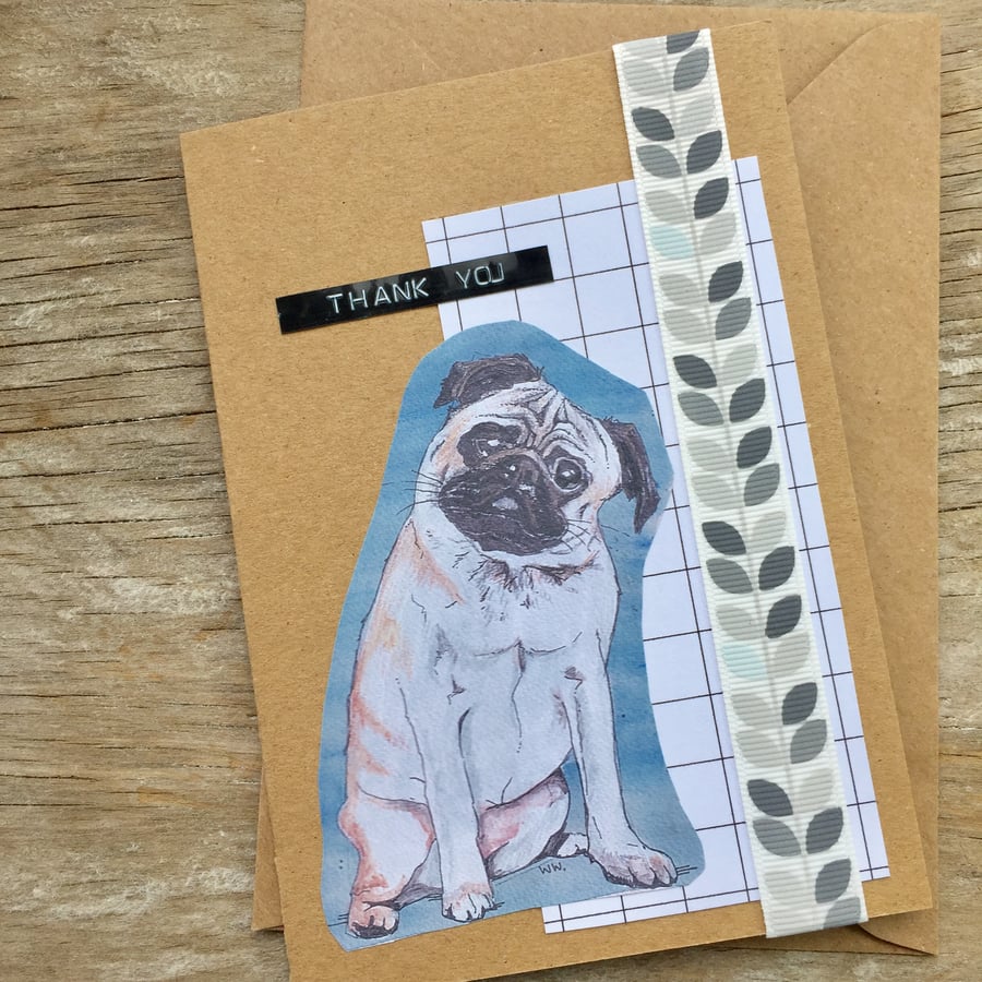 handmade recycled paper card (item no 235) thank you, cute pug