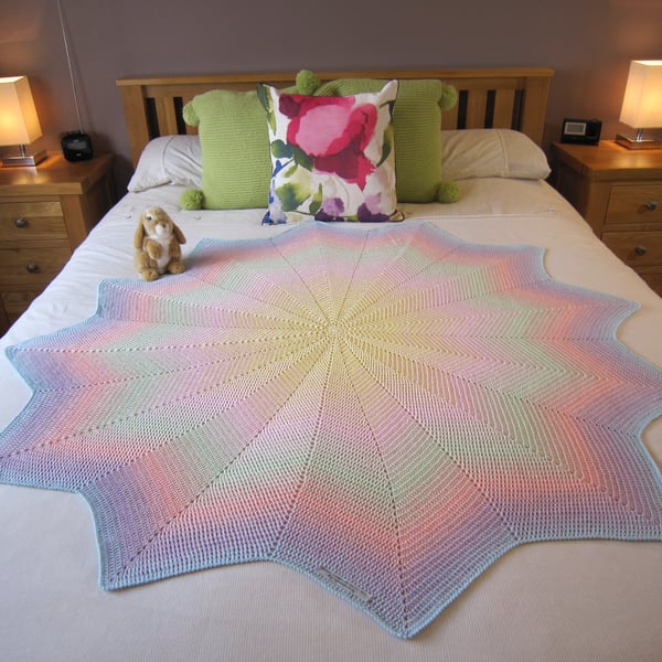 Large Rainbow Bed Throw, Sofa Throw, lemon, pink, blue, green, Crochet