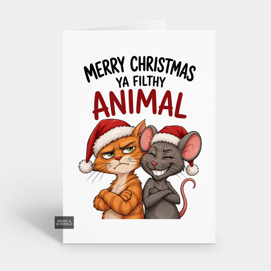Image of Funny Christmas Card For Him Or Her - Cat & Mouse