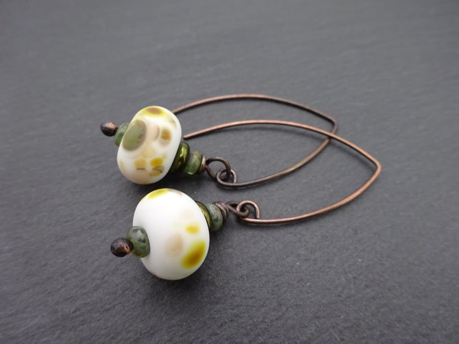 white lampwork glass earrings, copper jewellery