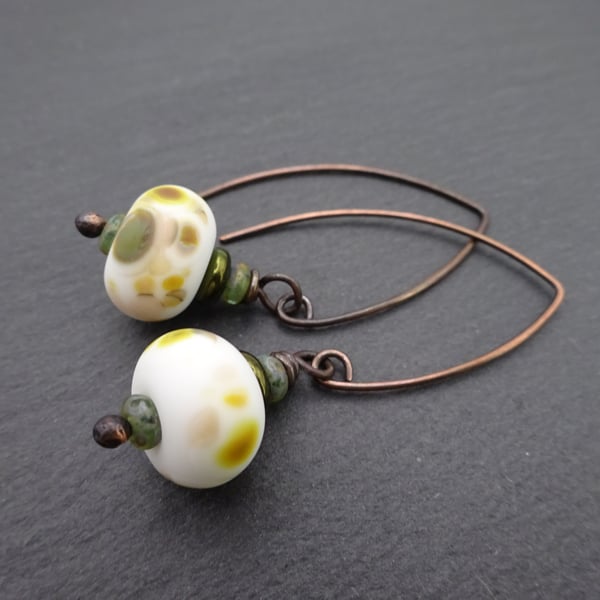 white lampwork glass earrings, copper jewellery