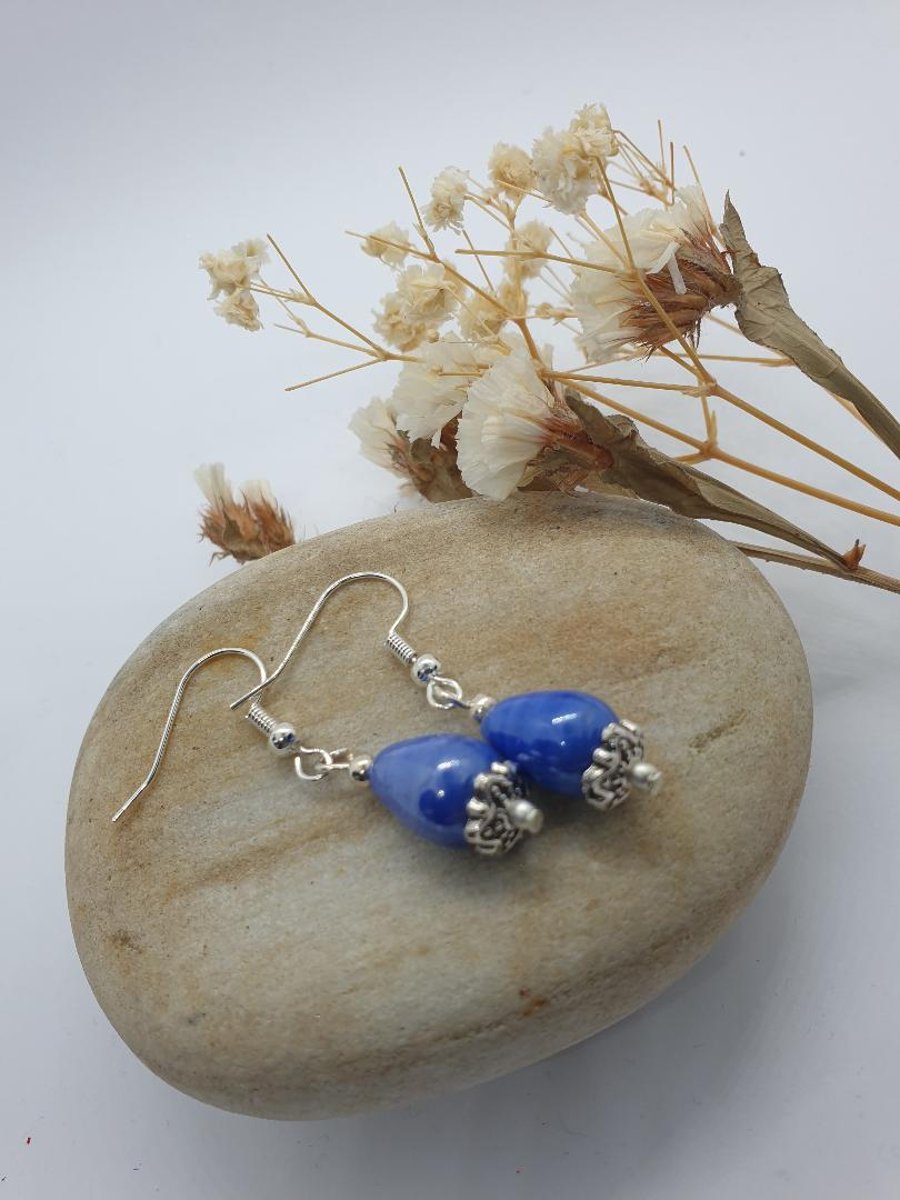  blue ceramic and silver plated earrings teardrop shaped boho vintage style