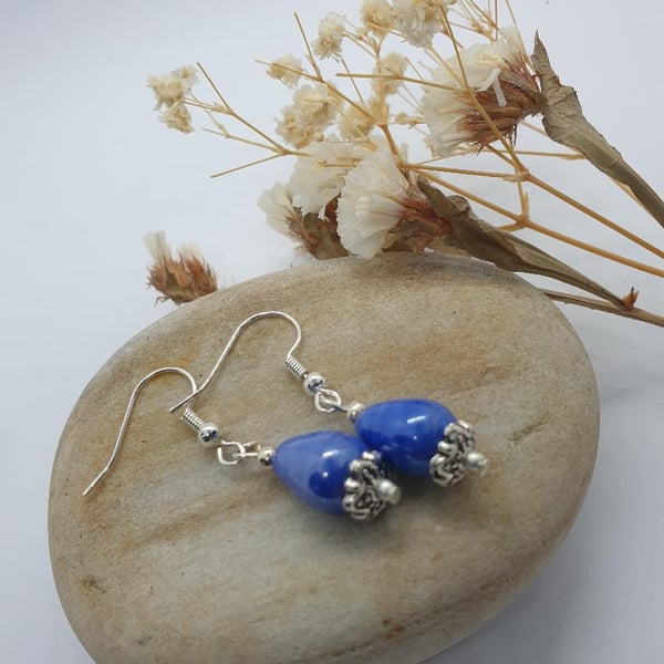 blue ceramic and silver plated earrings teardrop shaped boho vintage style