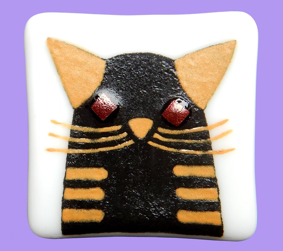 HANDMADE FUSED DICHROIC GLASS 'CRAZY CAT' BROOCH.
