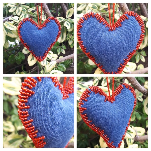 Heart hanger made with upcycled denim and red seed beads. Free uk delivery. 
