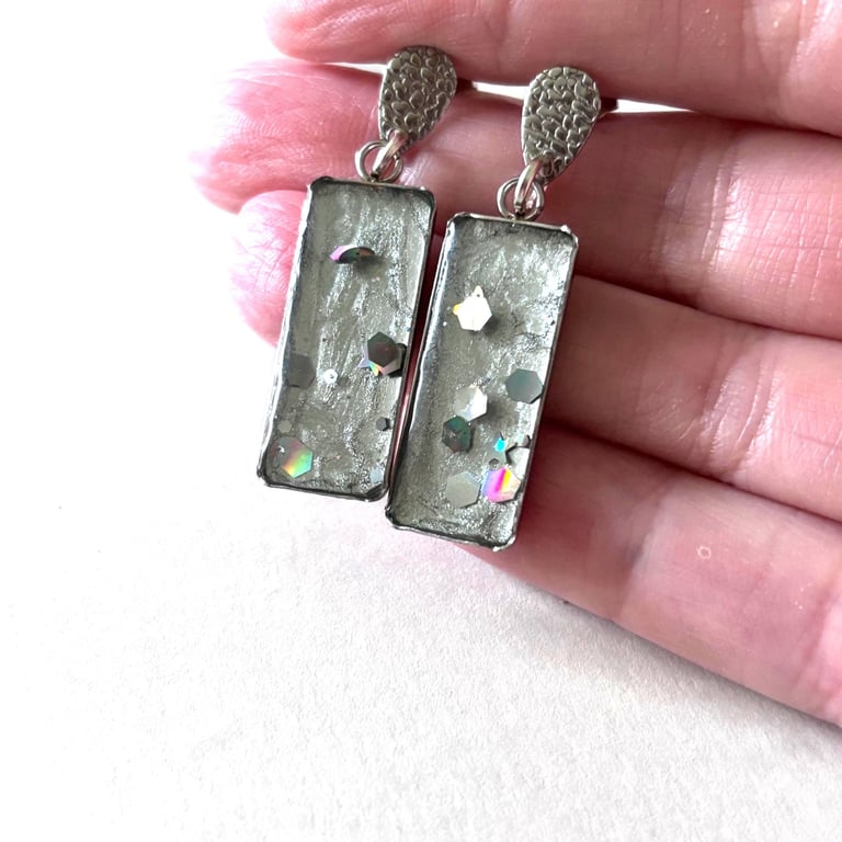 Stainless Steel Rectangle Resin Glitter  Earrings - Hypoallergenic Dangles
