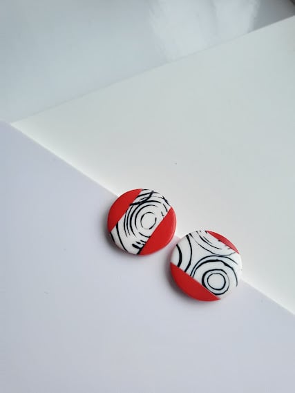 Handmade Polymer Clay Stud Earrings - Scarlet Swirl Discs