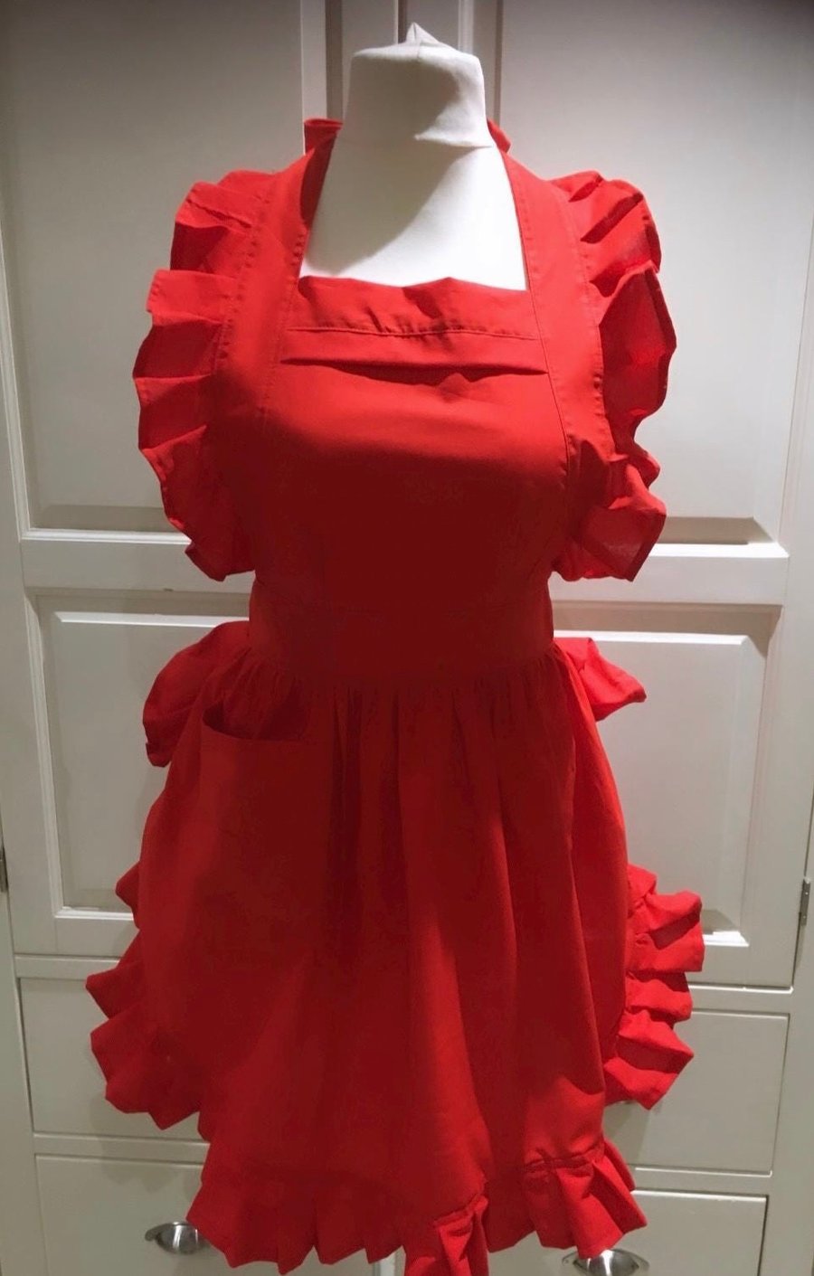 Unique, handmade, red retro frilly Victorian style full apron!