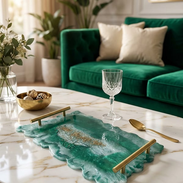 Green and White Epoxy Resin Decorative Tray
