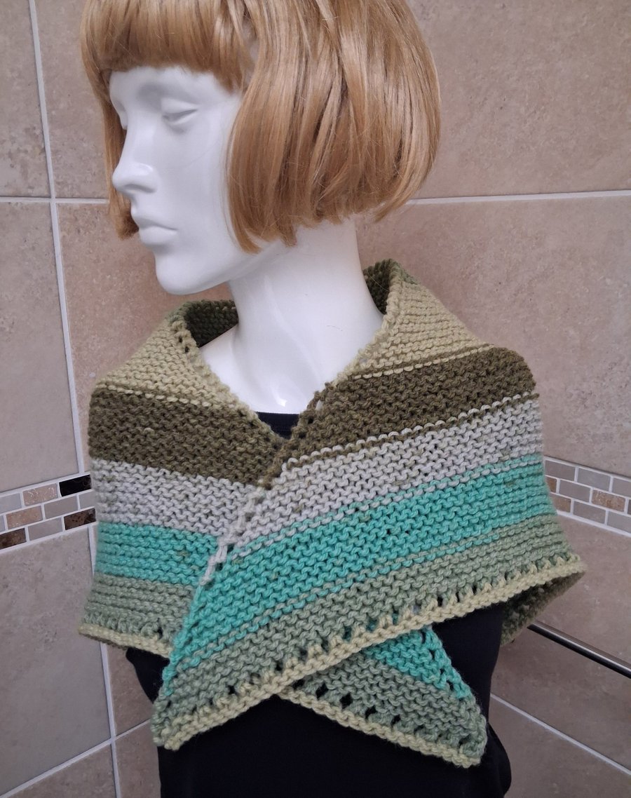 Hand Knitted Small Triangular Shawl In Greens and Blues (A202)