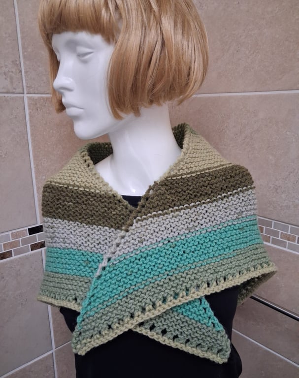 Hand Knitted Small Triangular Shawl In Greens and Blues (A202)