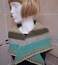 Hand Knitted Small Triangular Shawl In Greens and Blues (A202)
