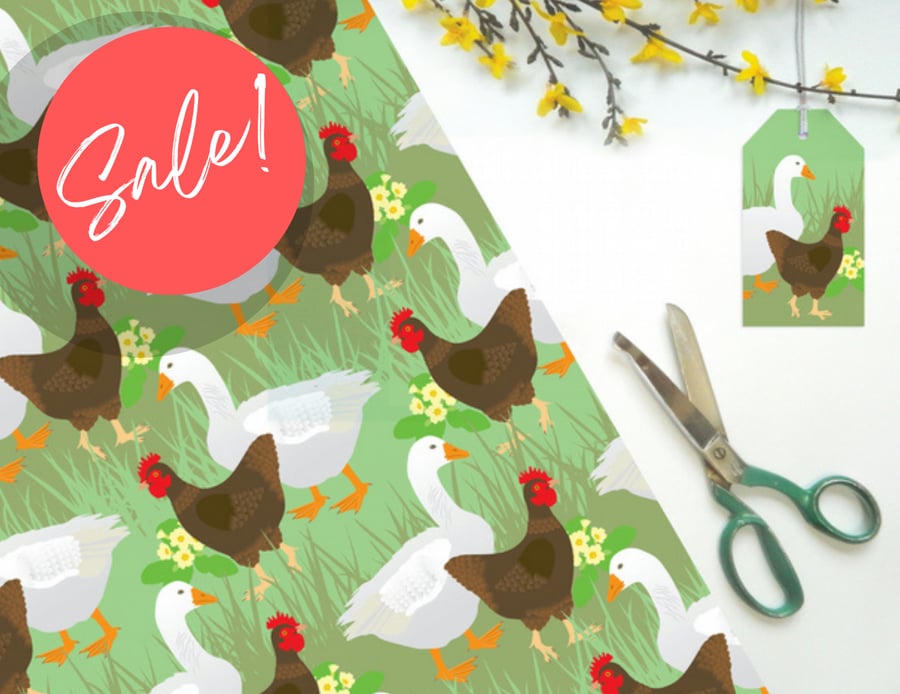 SALE! Hen and Goose Gift Wrapping Paper - Easter, Spring, Farm, Eco Friendly