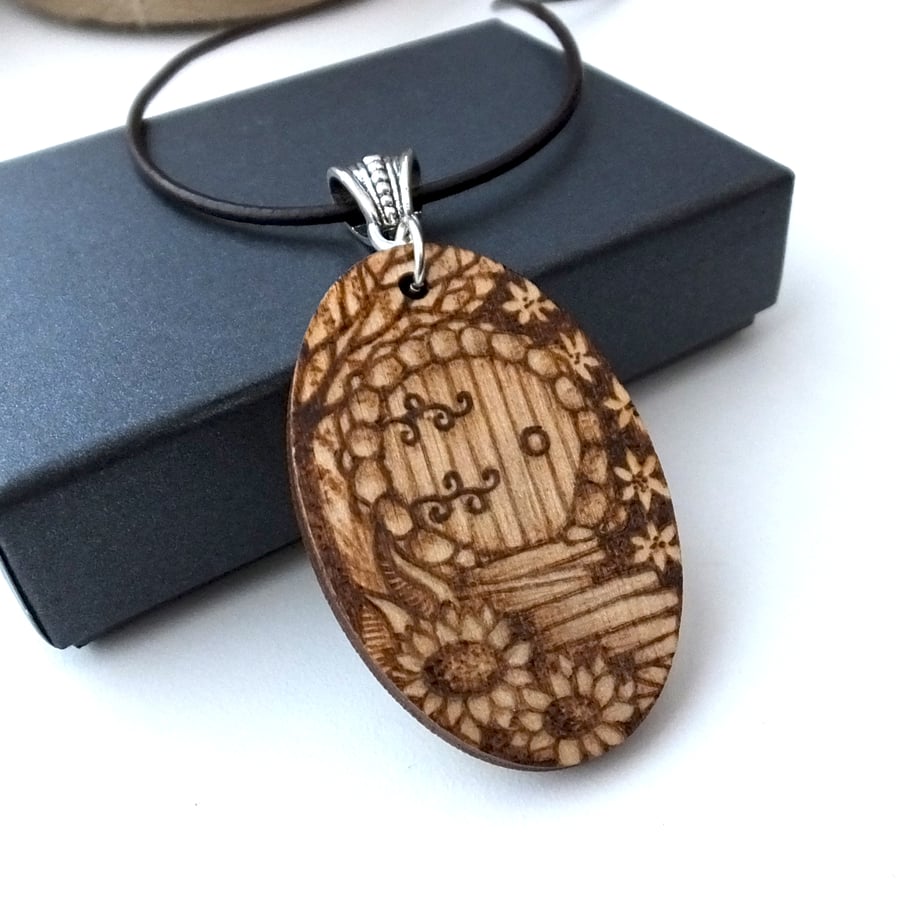 Wooden Pyrography Fairy Door with Cottage Garden Wood Pendant Necklace