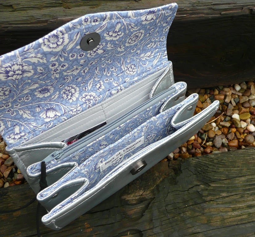 Purse wallet faux leather silver vinyl blue floral cotton necessary clutch purse