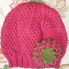 Girls Beanie Hat in Strawberry Pink & Olive Green Size Medium with Flower Brooch