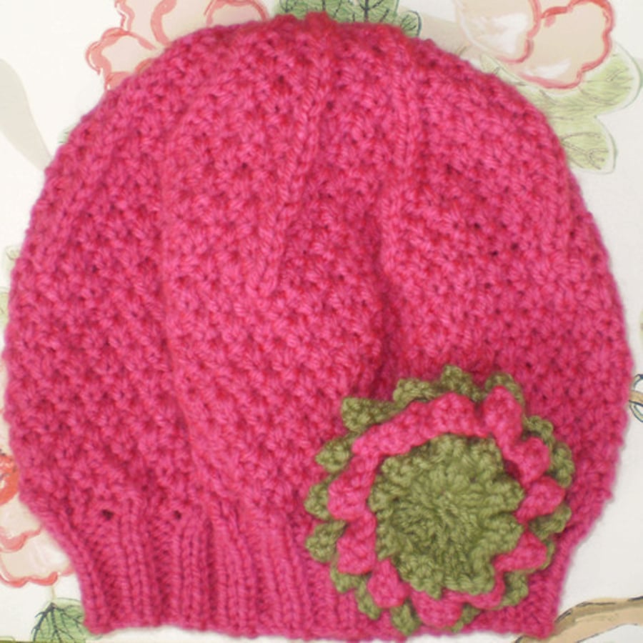 Girls Beanie Hat in Strawberry Pink & Olive Green Size Medium with Flower Brooch