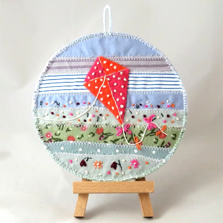 Embroidered picture - kite, summer scene - Clearance item