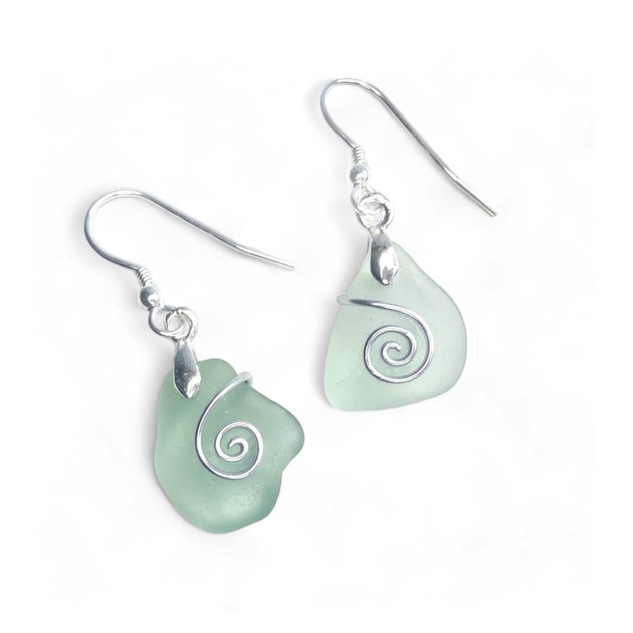 Sea Glass Earrings - Pale Green - Handmade Scottish Silver Wire Celtic Jewellery
