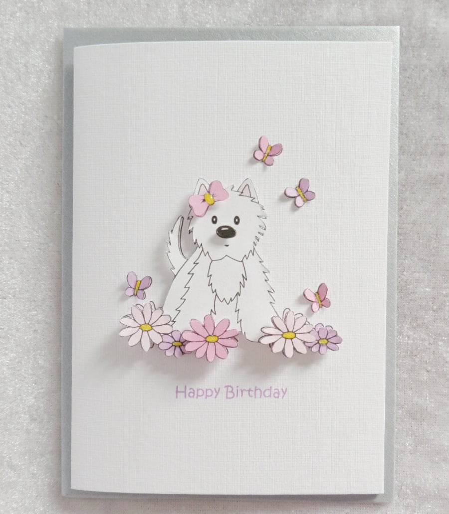 Flower Westie Birthday Card - Pink and Lilac