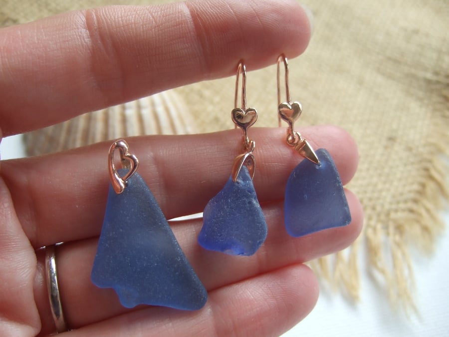 Scottish blue sea glass earring and necklace set, rose gold on sterling silver