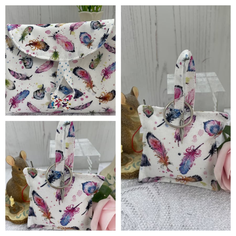 SALE - Feather print Cotton pouch bag and key ring PB6