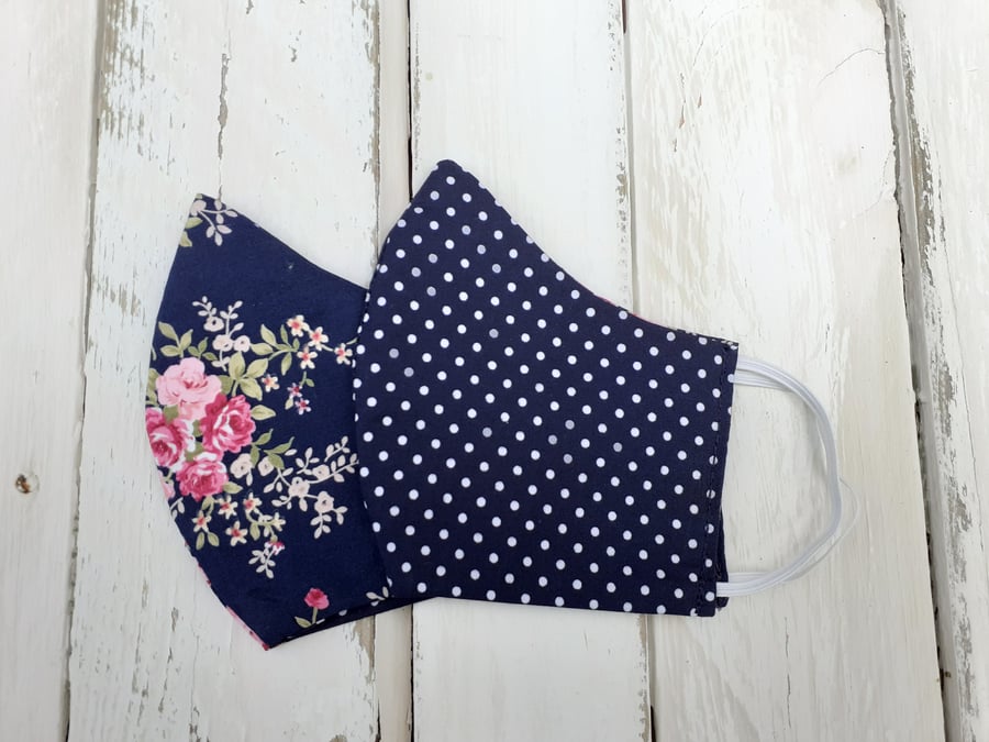 Handmade Reversible Face Mask  Adult size Navy Blue with Pink flowers